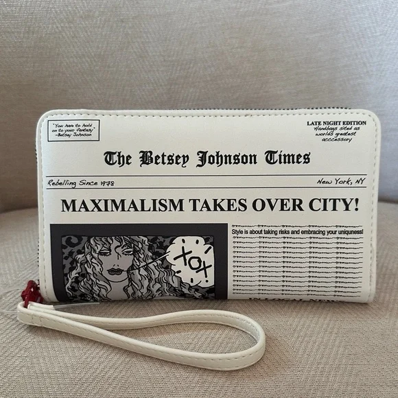 Betsey Johnson White and Black Newspaper wristlet wallet - Picture 2 of 10